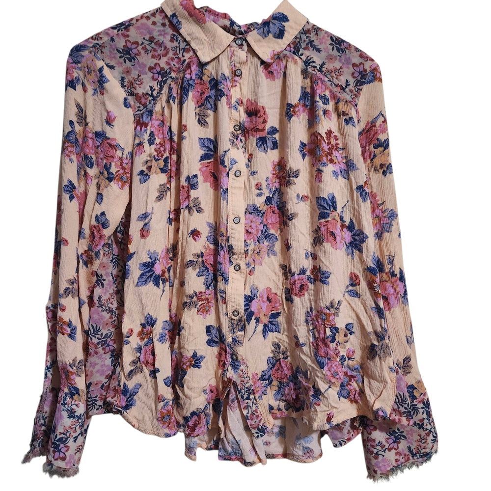 Free People Top Size Large Hold On To Me Coral Floral Printed Button Up Blouse